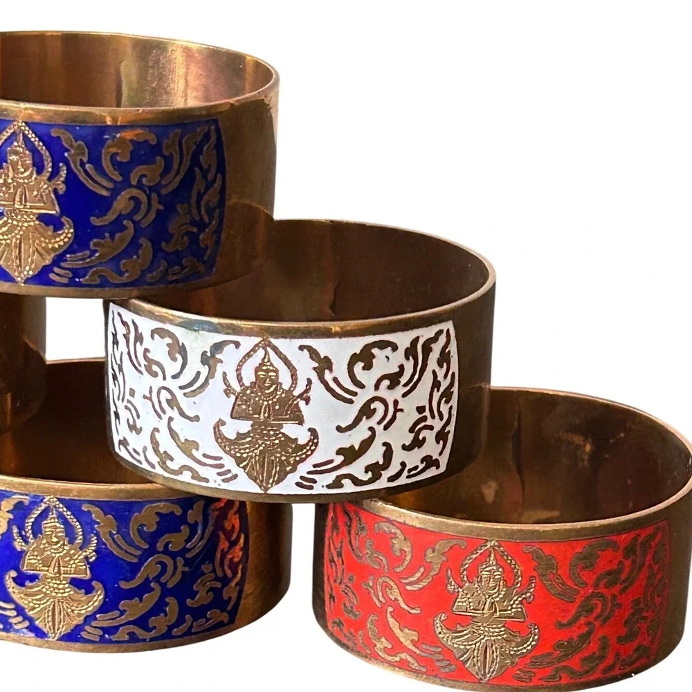 Vintage Thai Bronze Enameled Napkin Rings Etched Buddha Set of 6 Multi Color